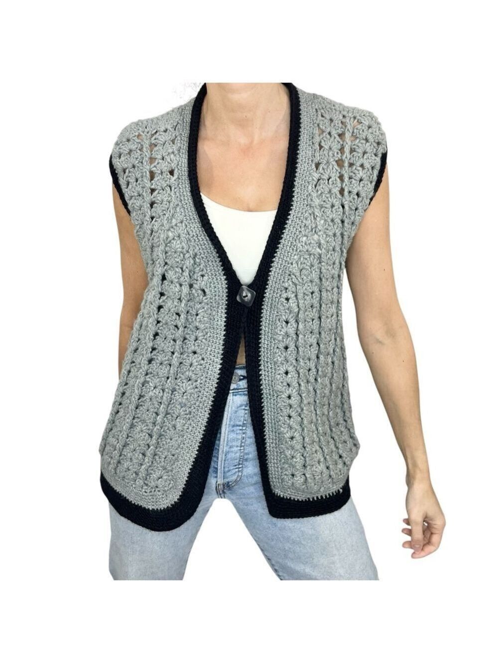 Hand knit chunky open knit grey black grandma cardigan sweater vest